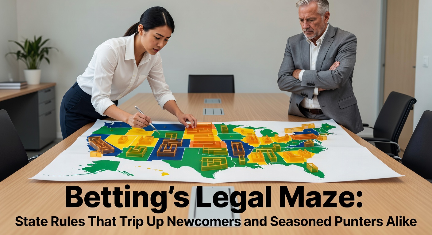 A tangled web of state maps highlighting varying betting laws across the US, with icons for legal online sportsbooks, restrictions, and no-go zones