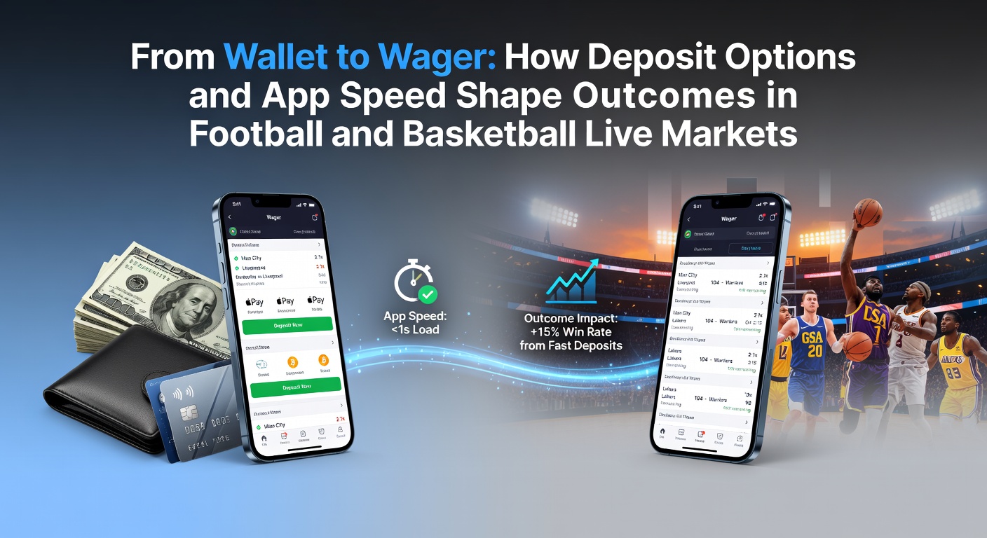 Mobile app interface showing deposit options and live football betting markets with quick load times highlighted