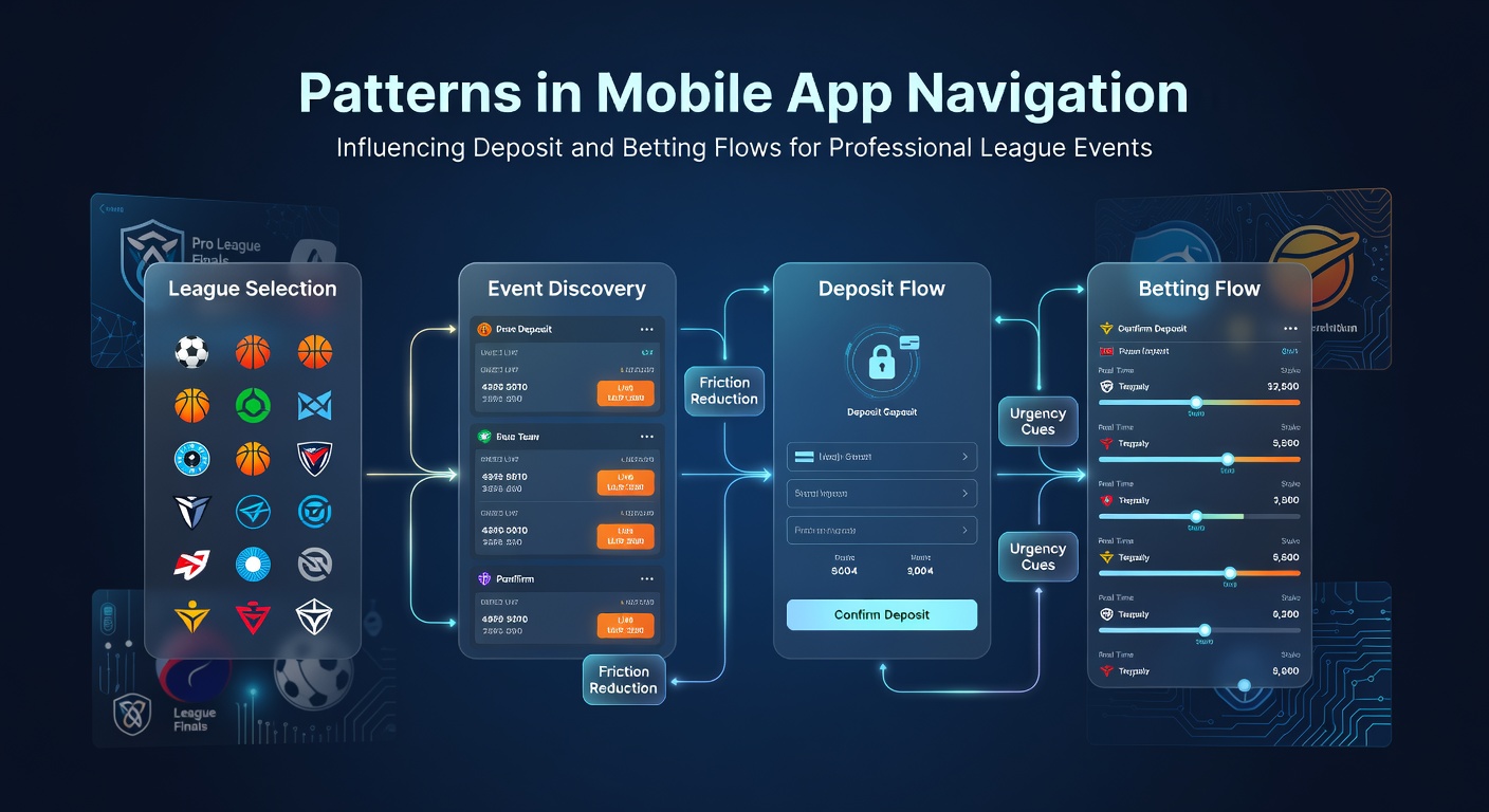 Mobile app navigation interface showing deposit and betting flow options for professional league events