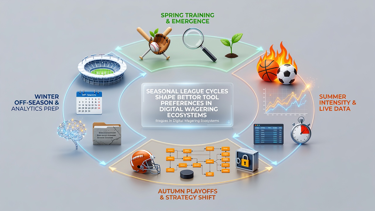 Digital wagering dashboard displaying seasonal league schedules and user tool selections across mobile platforms