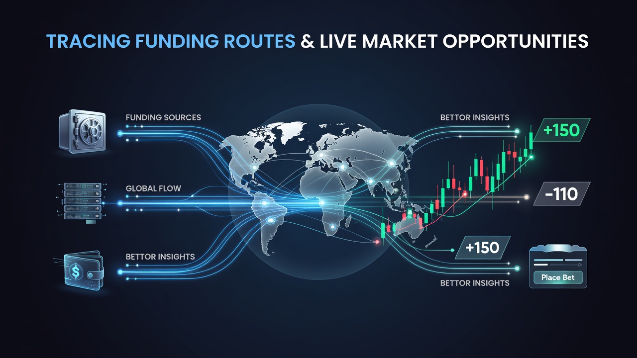 Diagram showing various funding routes connecting to live sports betting interfaces for NFL and NBA markets