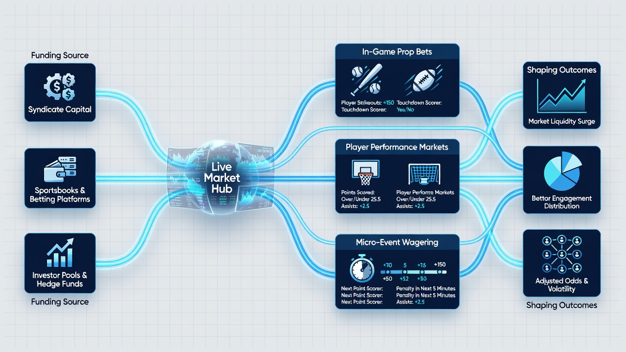 Infographic illustrating transaction flows from funding sources to live betting opportunities in professional leagues